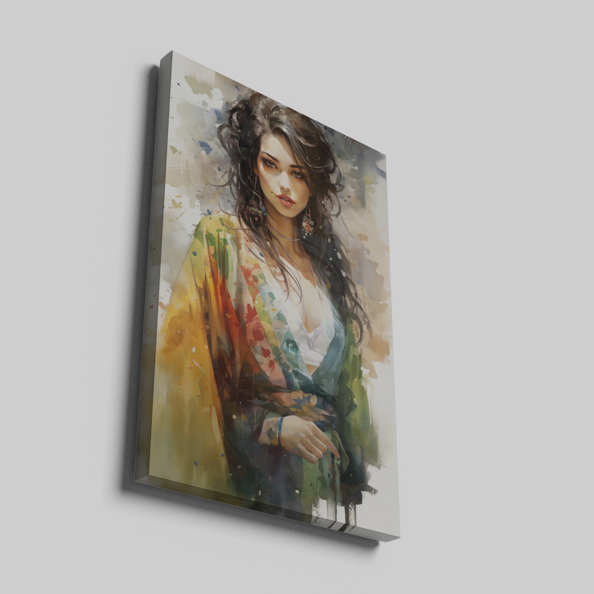 Framed canvas print of a vibrant, watercolour portrait of an elegant woman with colourful attire