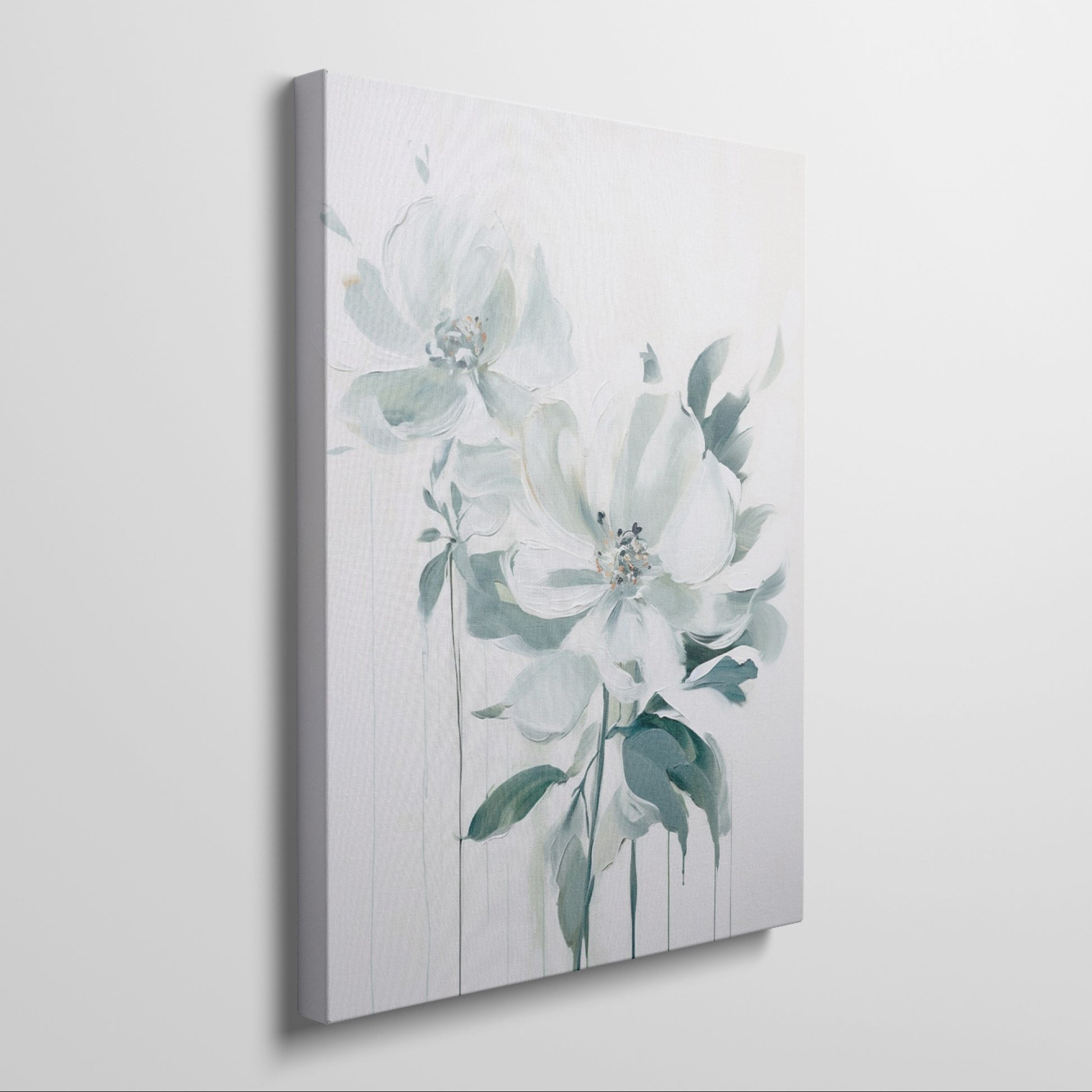 Framed canvas print of modern white floral art with soft green and pastel tones