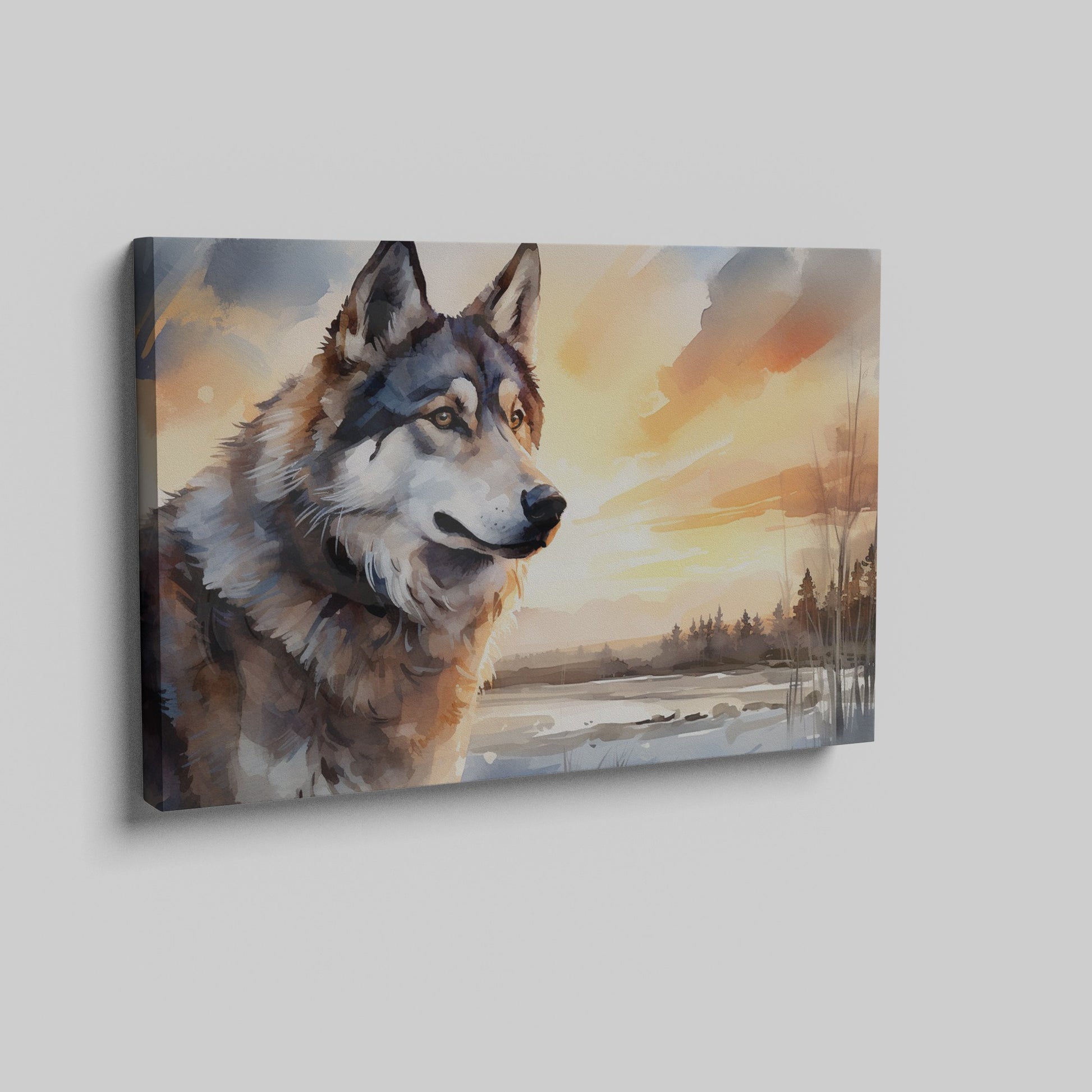 Framed canvas print of a majestic wolf in a sunset landscape with vibrant colours