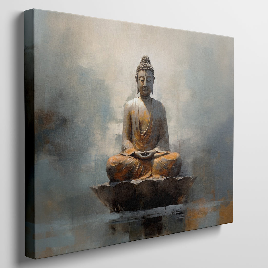 Framed canvas print of a serene Buddha in meditation with golden and blue hues