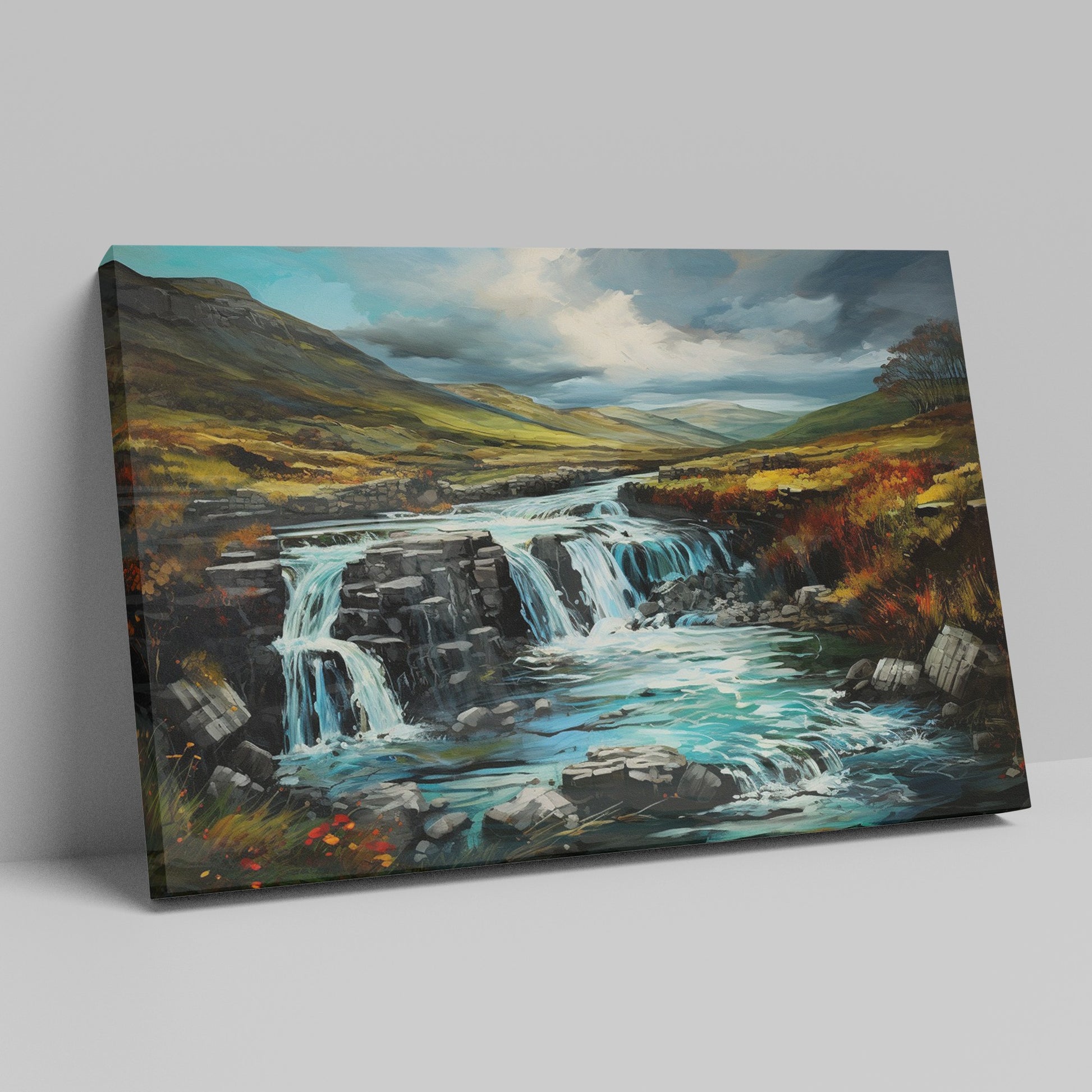 Framed canvas print of an autumnal waterfall landscape with vibrant colours and a dynamic sky