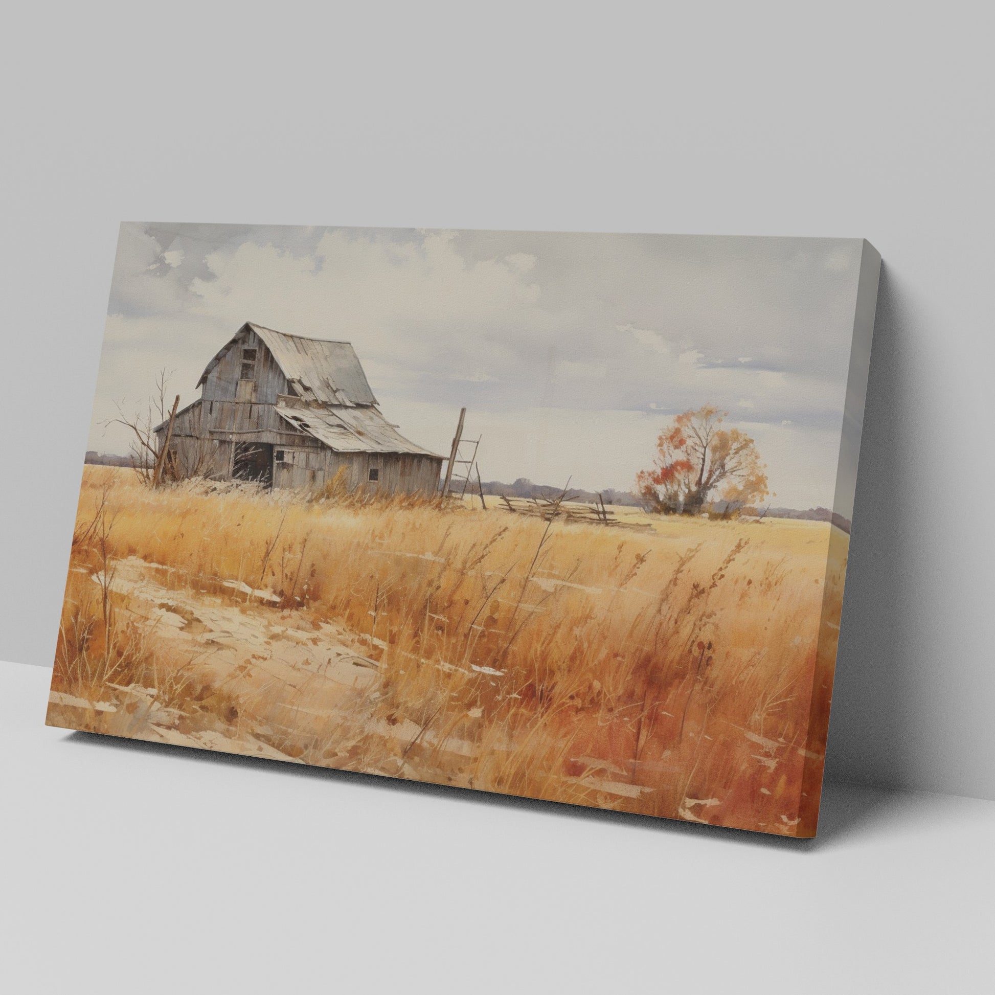 Framed canvas print of an old barn in a golden autumn rural landscape