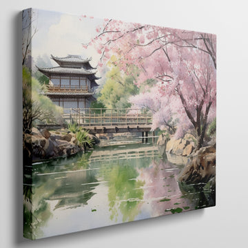 Watercolor painting of a Japanese garden with cherry blossoms, a pagoda, and a reflecting pond