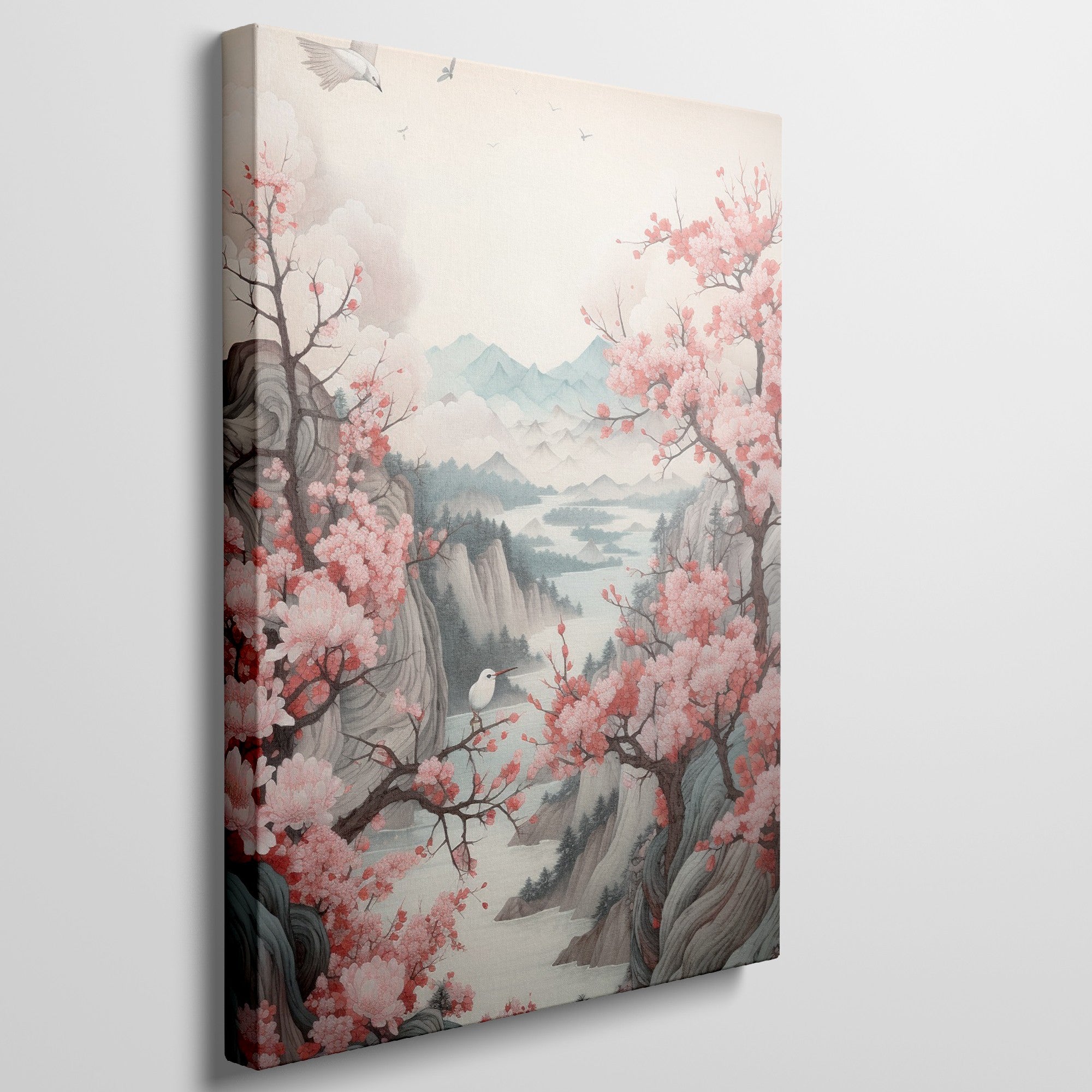 Framed canvas print of oriental landscape with cherry blossoms and birds over tranquil mountains