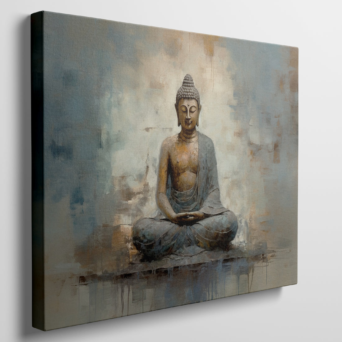 Framed canvas print of a serene Buddha in meditative pose with abstract earthy background