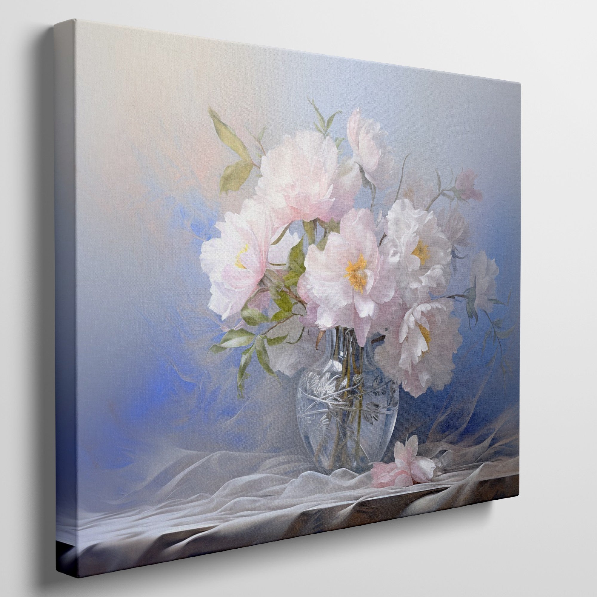 Framed canvas print of elegant pink peonies in an ornate glass vase portrayed with soft pastel colors