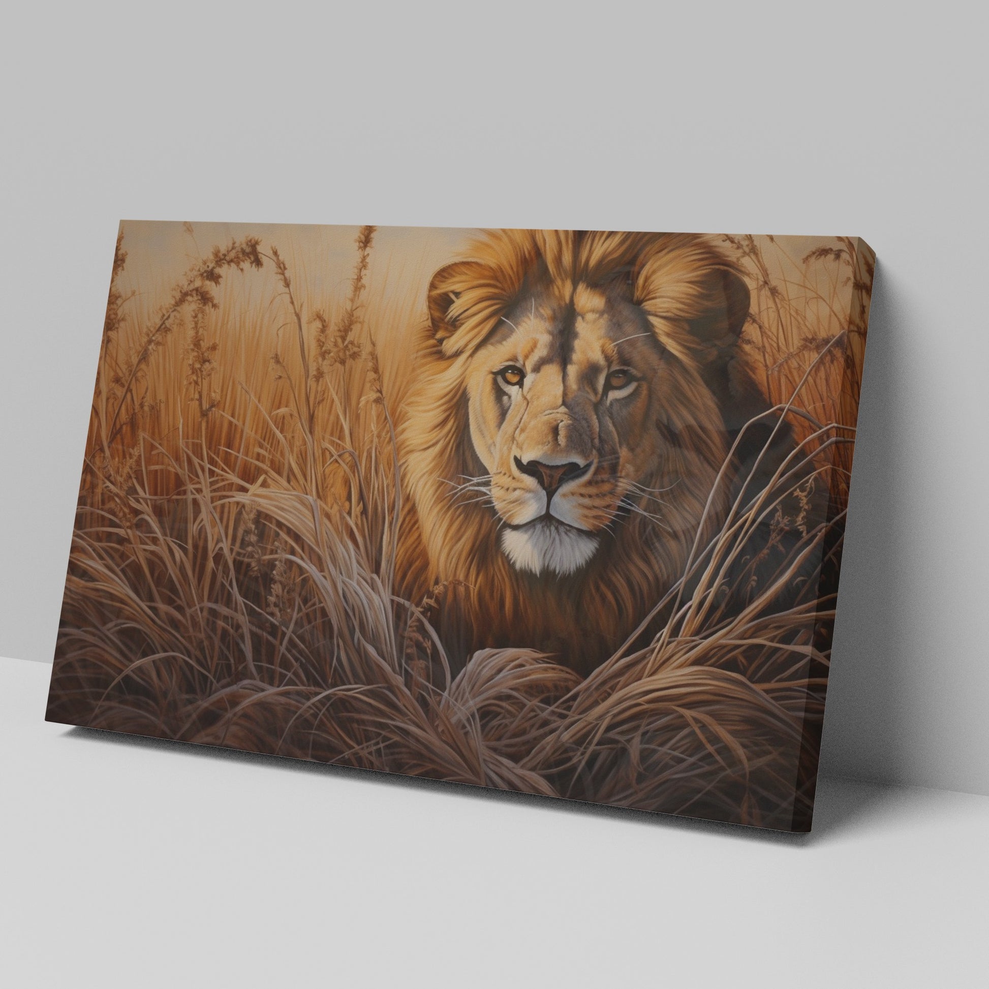 Framed canvas print of a realistic lion portrait in earthy tones