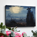 Framed canvas print of a mysterious figure under a moonlit, bird-strewn sky within a dramatic landscape