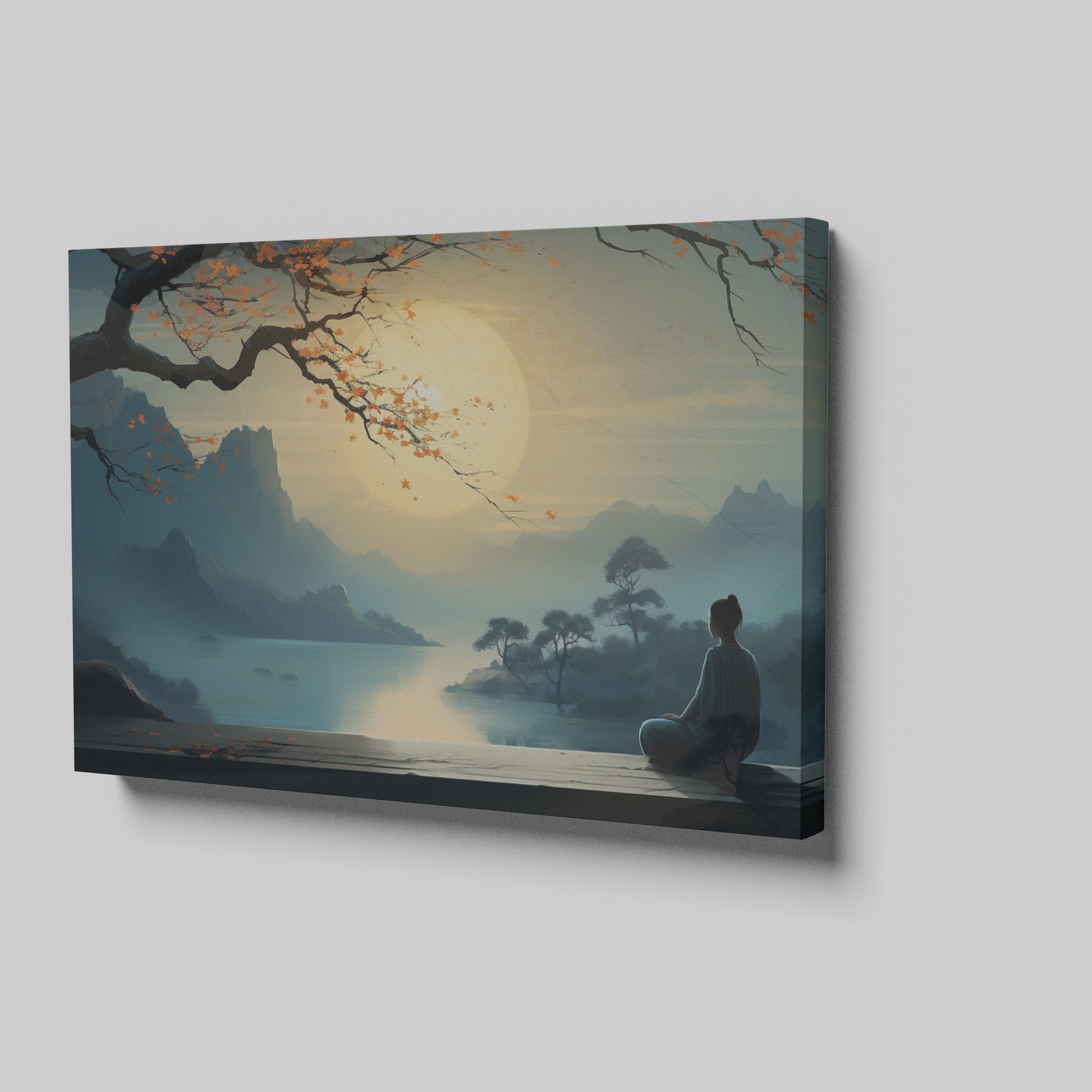 Framed canvas print of a serene Oriental landscape with a meditative figure under a tree against a sunrise backdrop