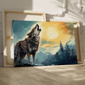 Framed canvas print of a howling wolf in a forest at sunset with orange and blue tones