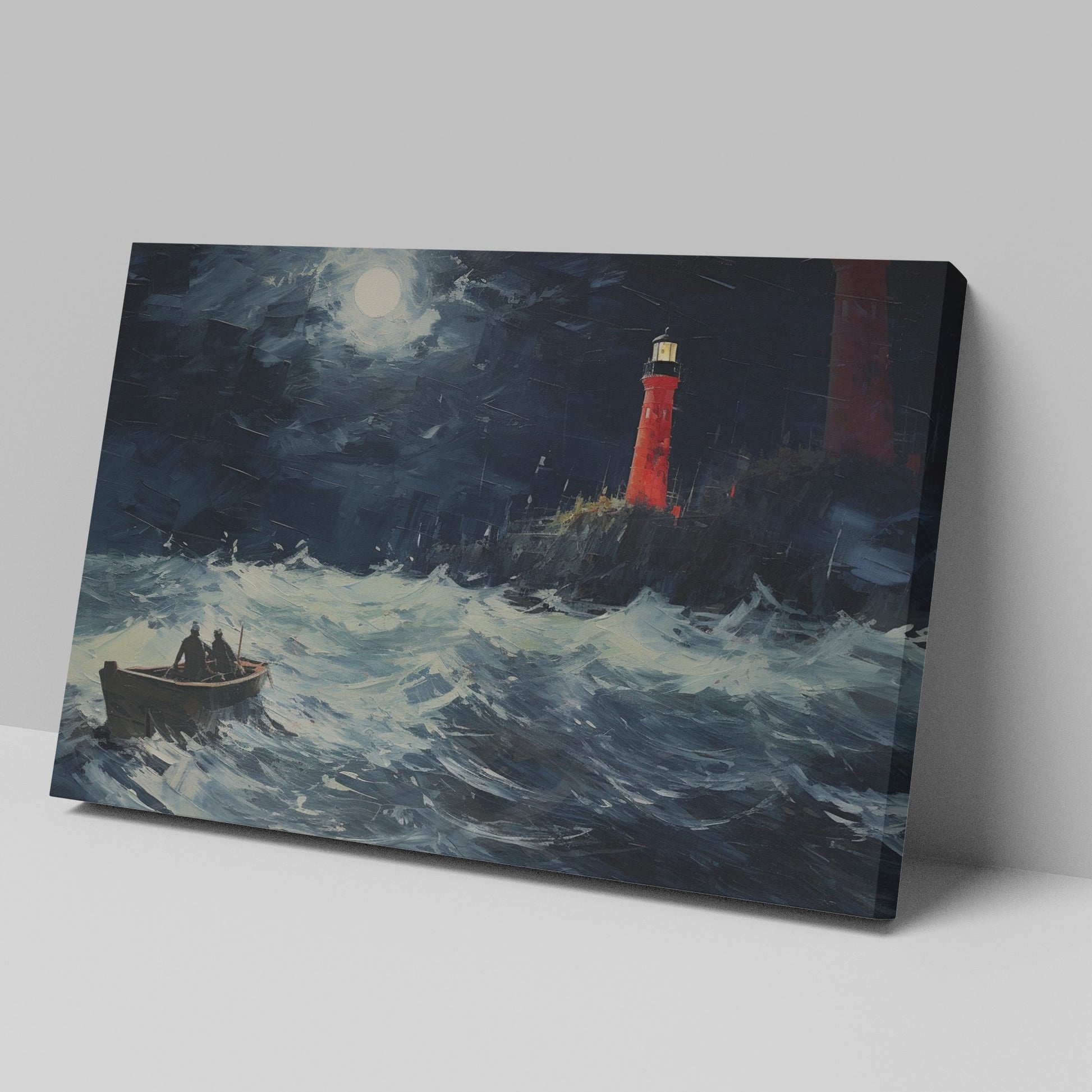 Framed canvas print of a stormy night seascape, with a red lighthouse and sailing boat under a moonlit sky