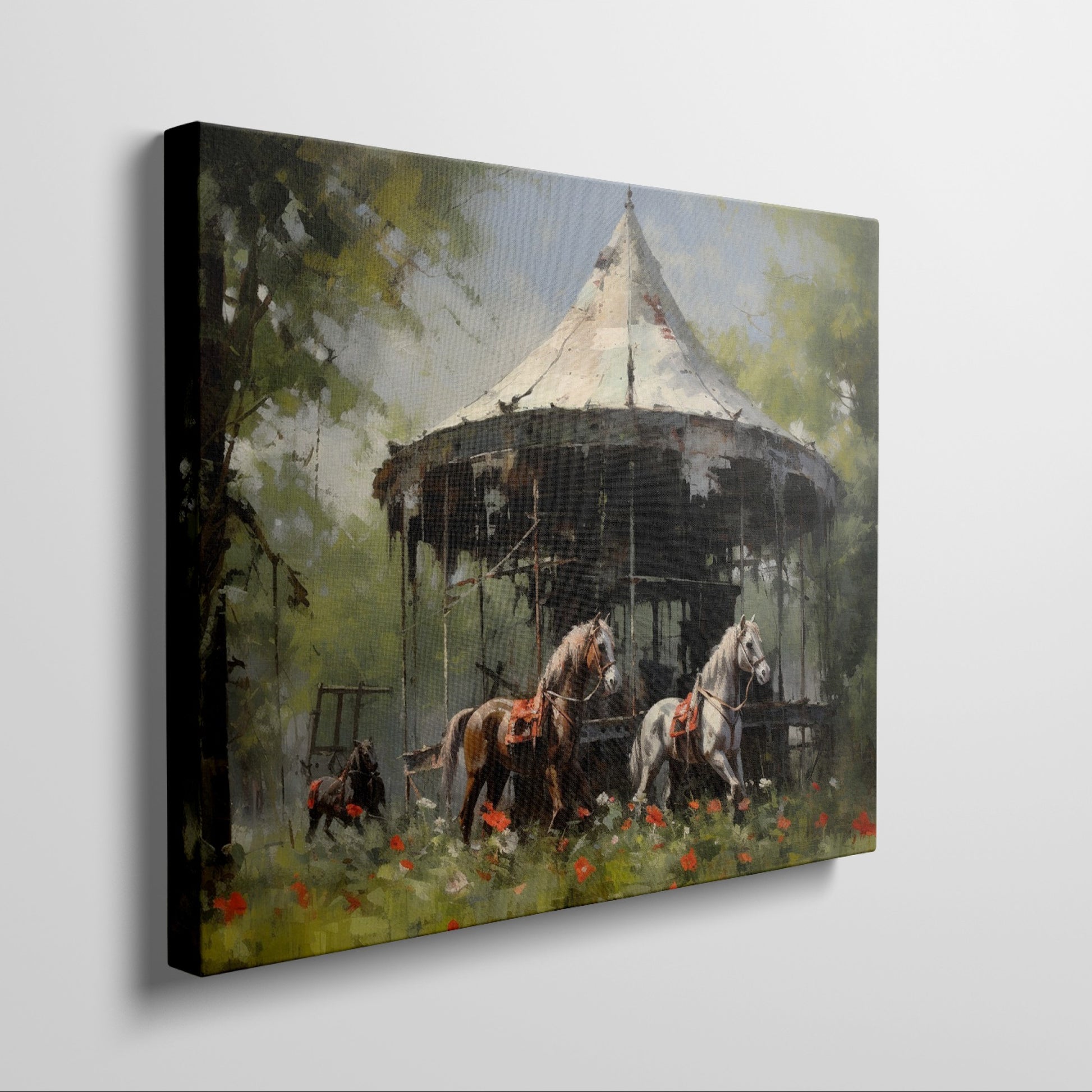 Framed canvas print of impressionist painting with rustic carousel, horses amidst poppies in countryside.