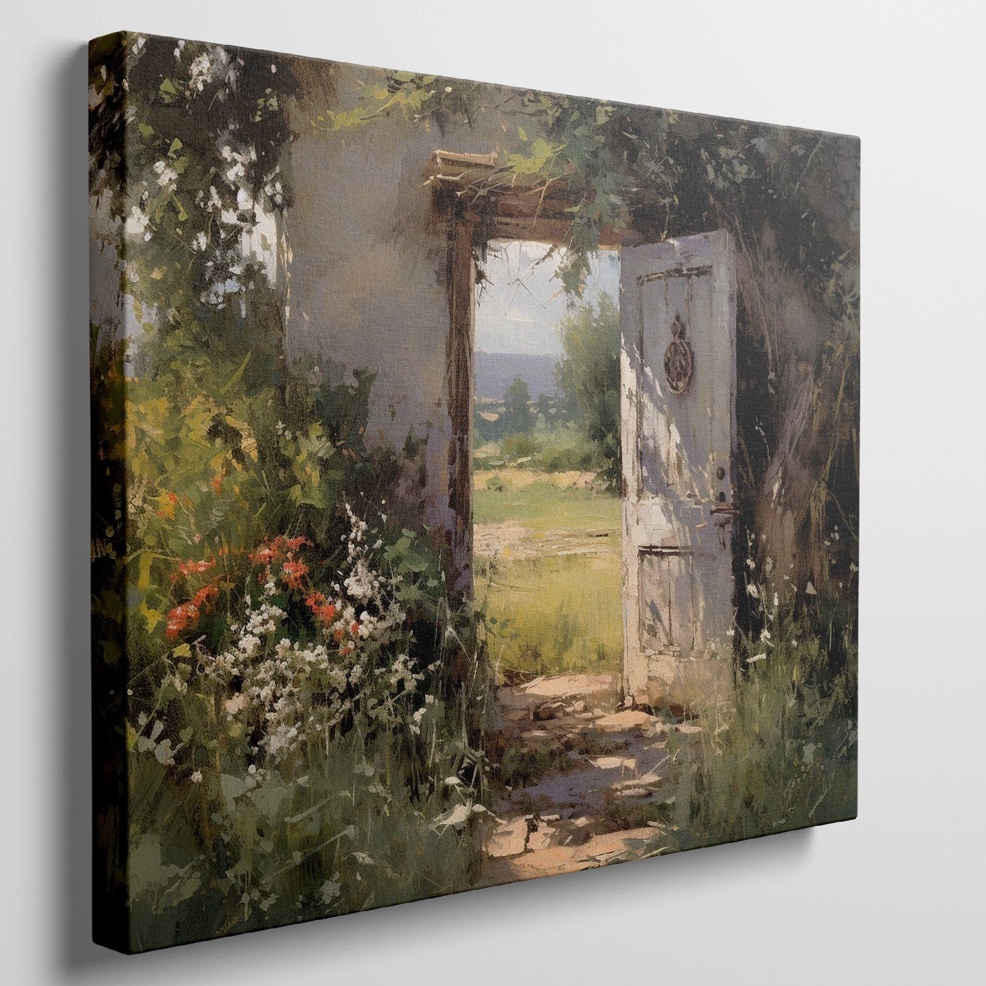 Framed canvas print of a vintage impressionist painting featuring a rustic doorway with blooming wildflowers leading to sunny countryside