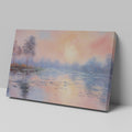 Framed canvas print of an impressionist painting depicting a serene lakeside sunrise with pastel pink and blue hues