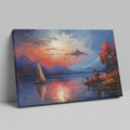 Framed canvas print of an impressionist landscape with a sailboat during sunset, featuring autumnal colours and mountain scenery