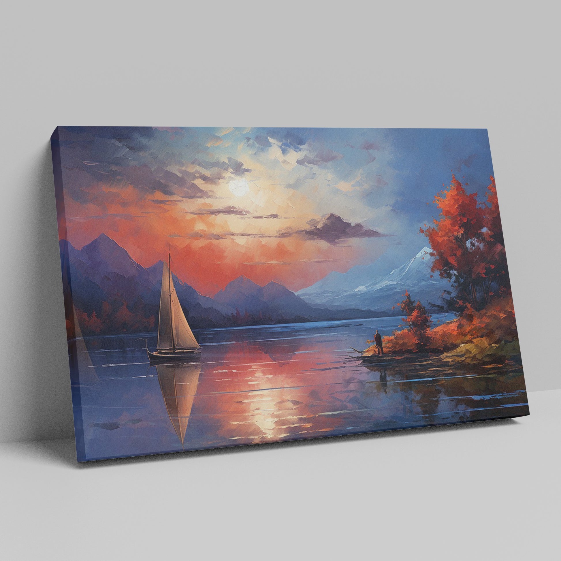 Framed canvas print of an impressionist landscape with a sailboat during sunset, featuring autumnal colours and mountain scenery