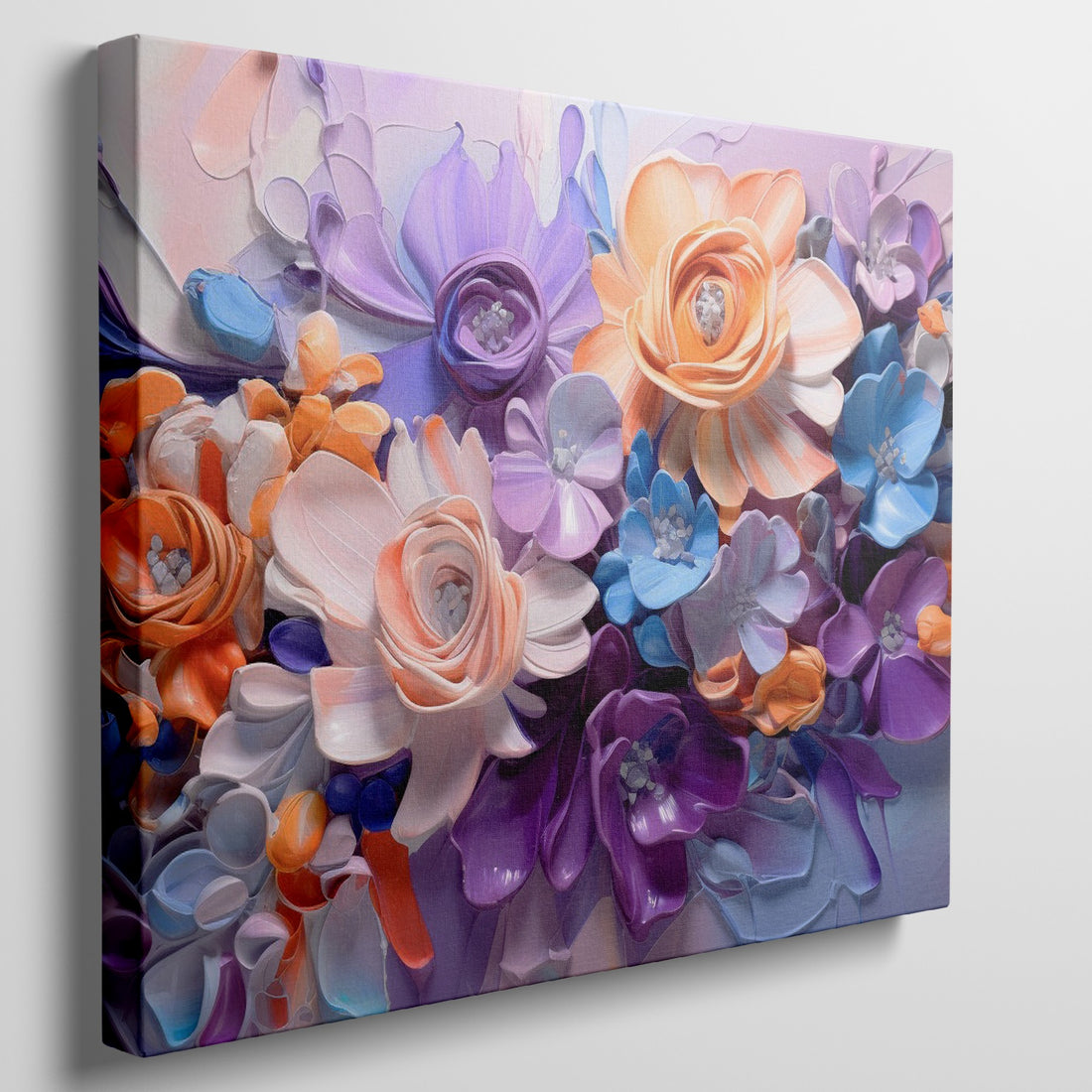 Framed canvas print of vibrant impasto-style abstract flowers in orange, lavender, and blue