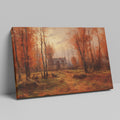 Framed canvas print of a traditional autumn forest landscape with a country house and warm red and brown tones