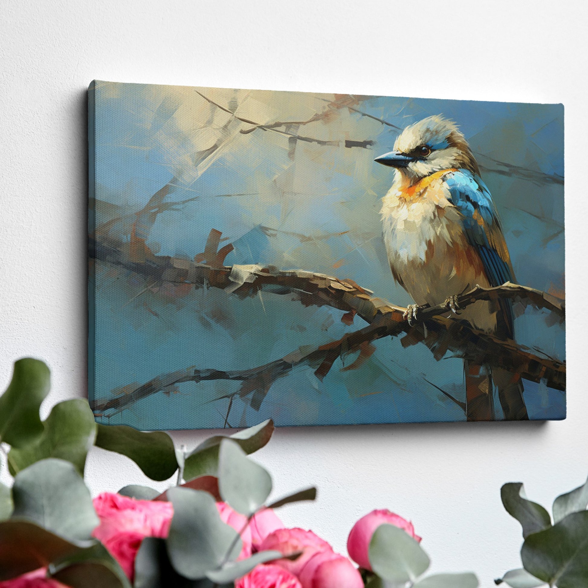 Framed canvas print of a vibrant impressionistic blue bird on a branch with a textured background