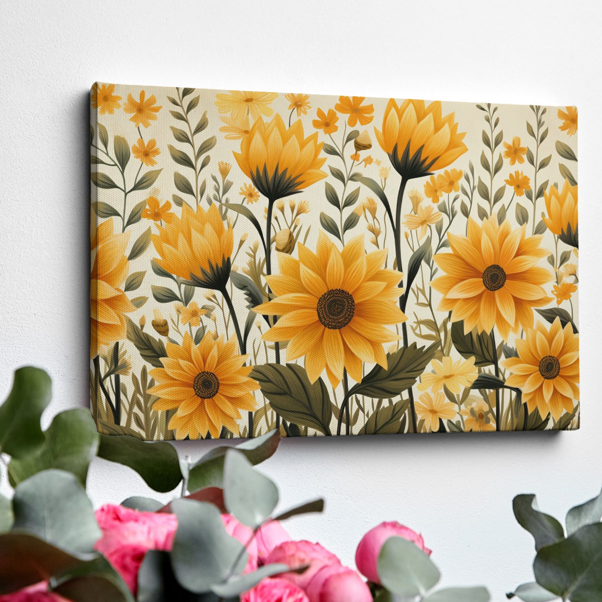 Framed canvas print of golden sunflowers and green foliage on a neutral background