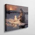 Framed canvas print of a person building a snowman at sunset with a winter landscape