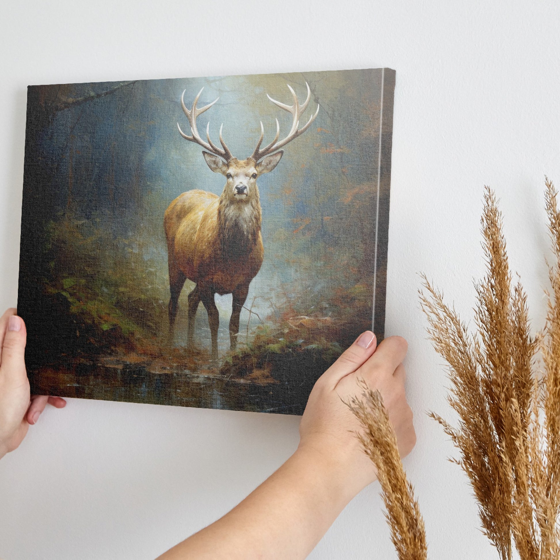 Framed canvas print of a majestic stag in an autumnal forest with rich earthy colours