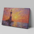 Impressionistic painting of a lighthouse at sunset with orange sky and blue sea