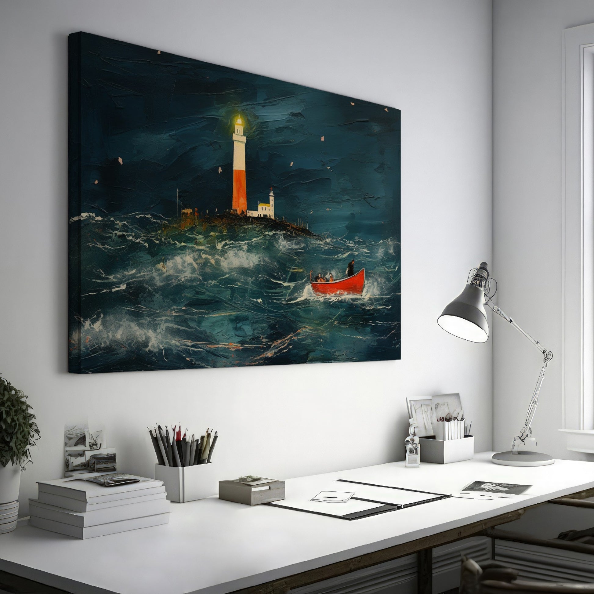 Framed canvas print of impressionist oceanic artwork featuring a bright lighthouse and a red boat in a stormy sea