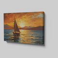 Framed canvas print of a sailboat against a vivid sunset with warm orange and blue tones