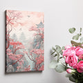 Framed canvas print of an oriental landscape with cherry blossoms and pagodas