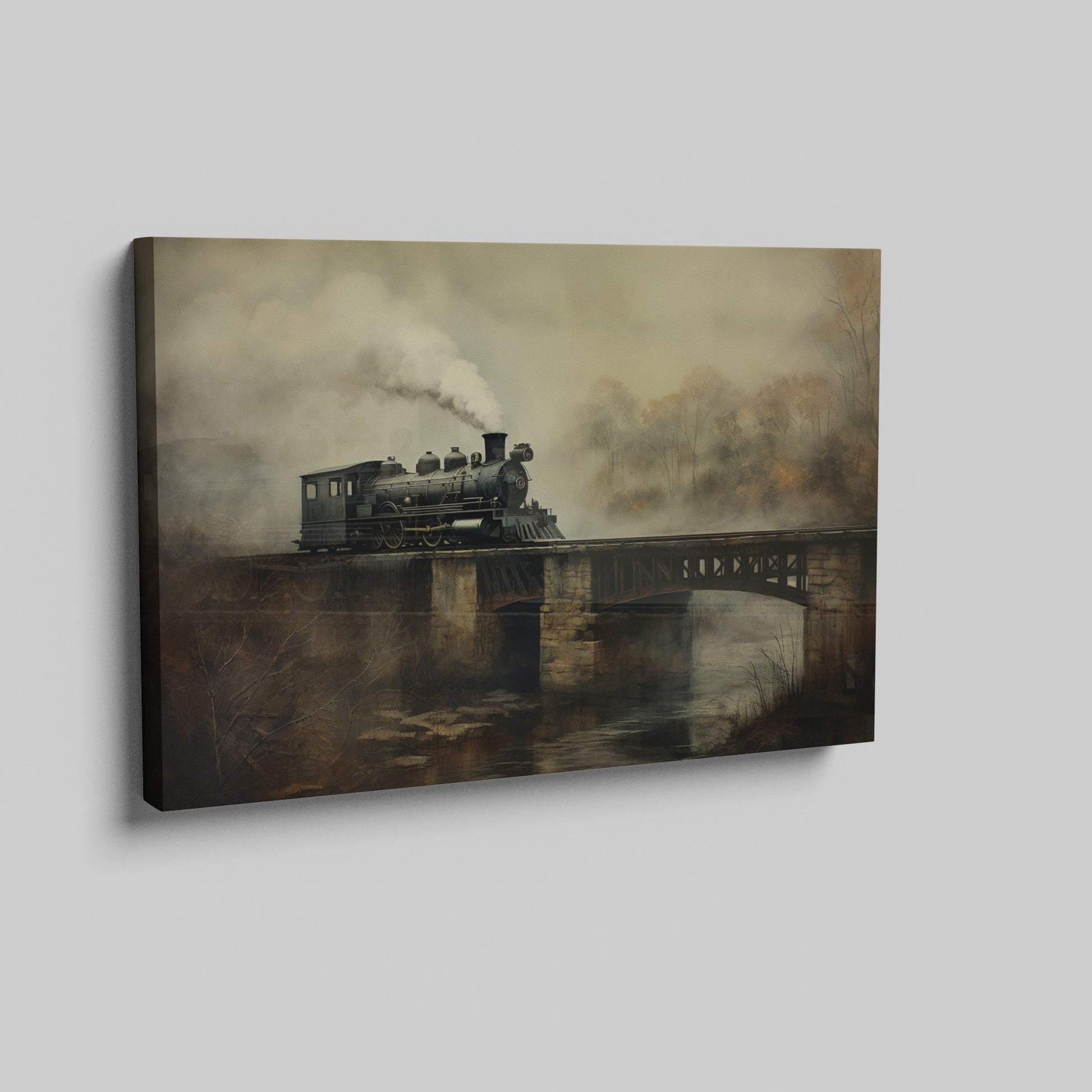 Framed canvas print of a vintage steam locomotive crossing a bridge amidst fog and autumnal trees