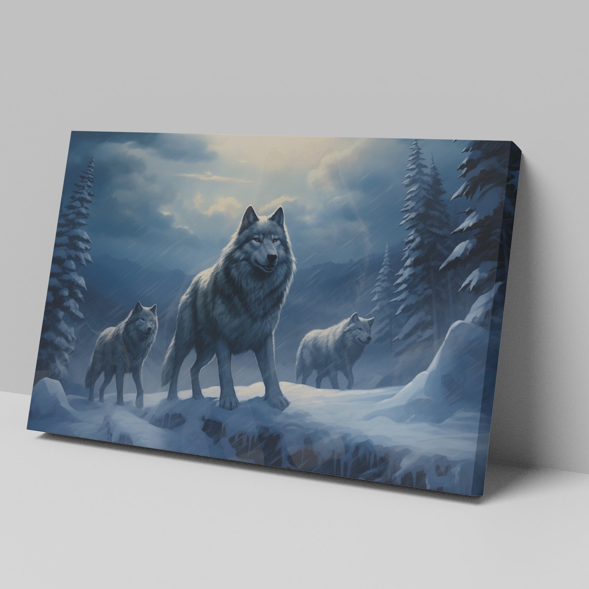 Framed canvas print of a wolf pack under a moonlit sky in a snowy forest