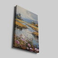 Framed canvas print of an autumnal river landscape with vibrant wildflowers and a tranquil woodland stream