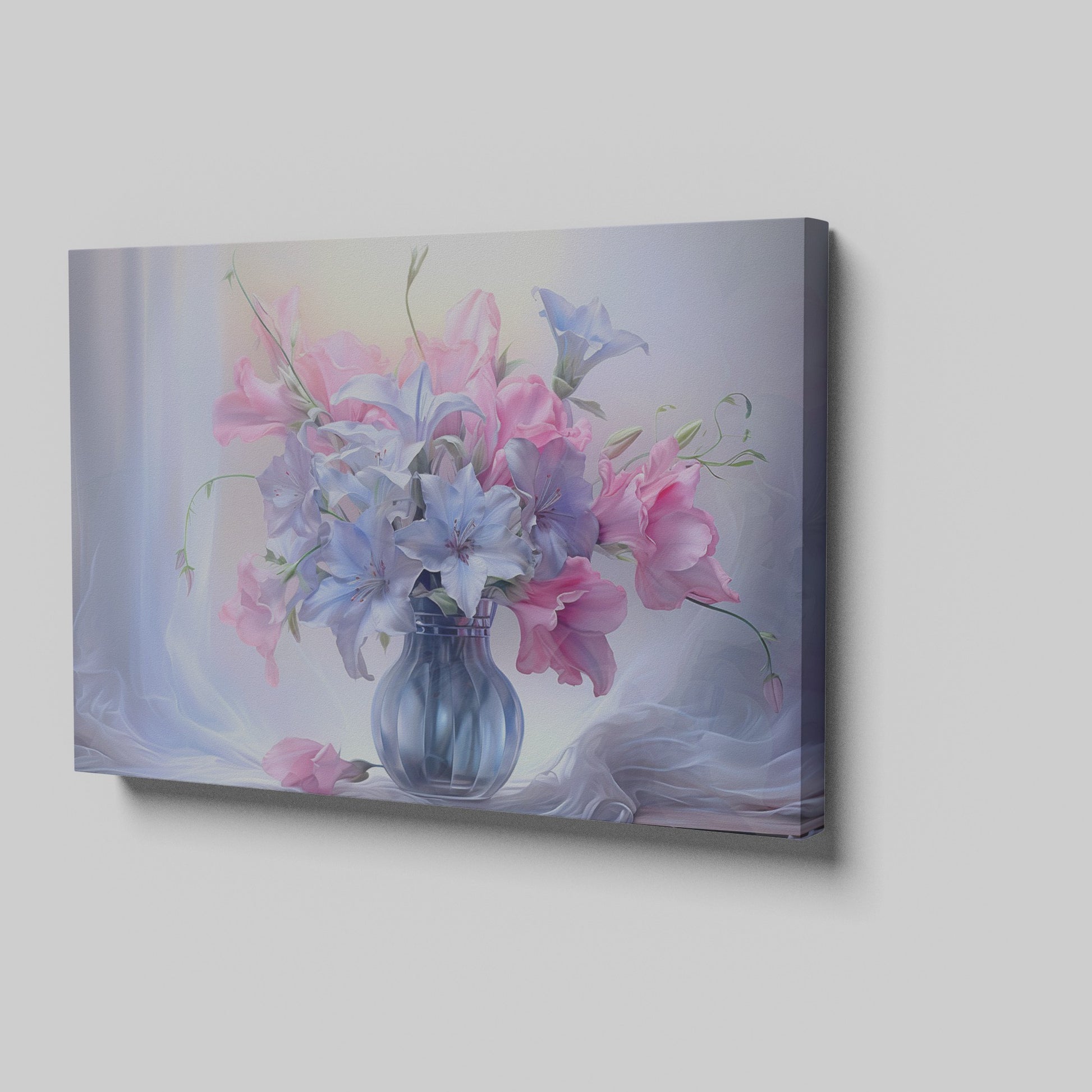 Framed canvas print of a realistic floral still life with pastel pink and blue flowers in a vase