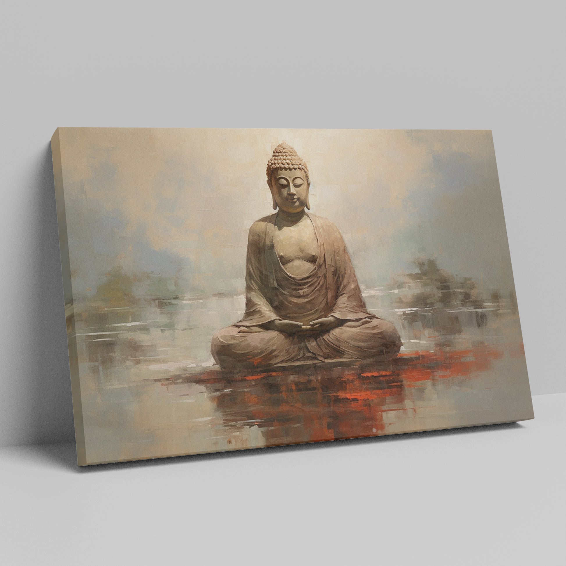 Framed canvas print of a meditative Buddha statue in warm earthy tones