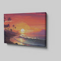 Framed canvas print of a digital tropical sunset with palm trees and ocean waves