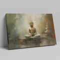 Framed canvas print of a serene Buddha with a gentle colour palette and textured finish