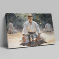 Framed canvas print of martial artists in meditation at a dojo