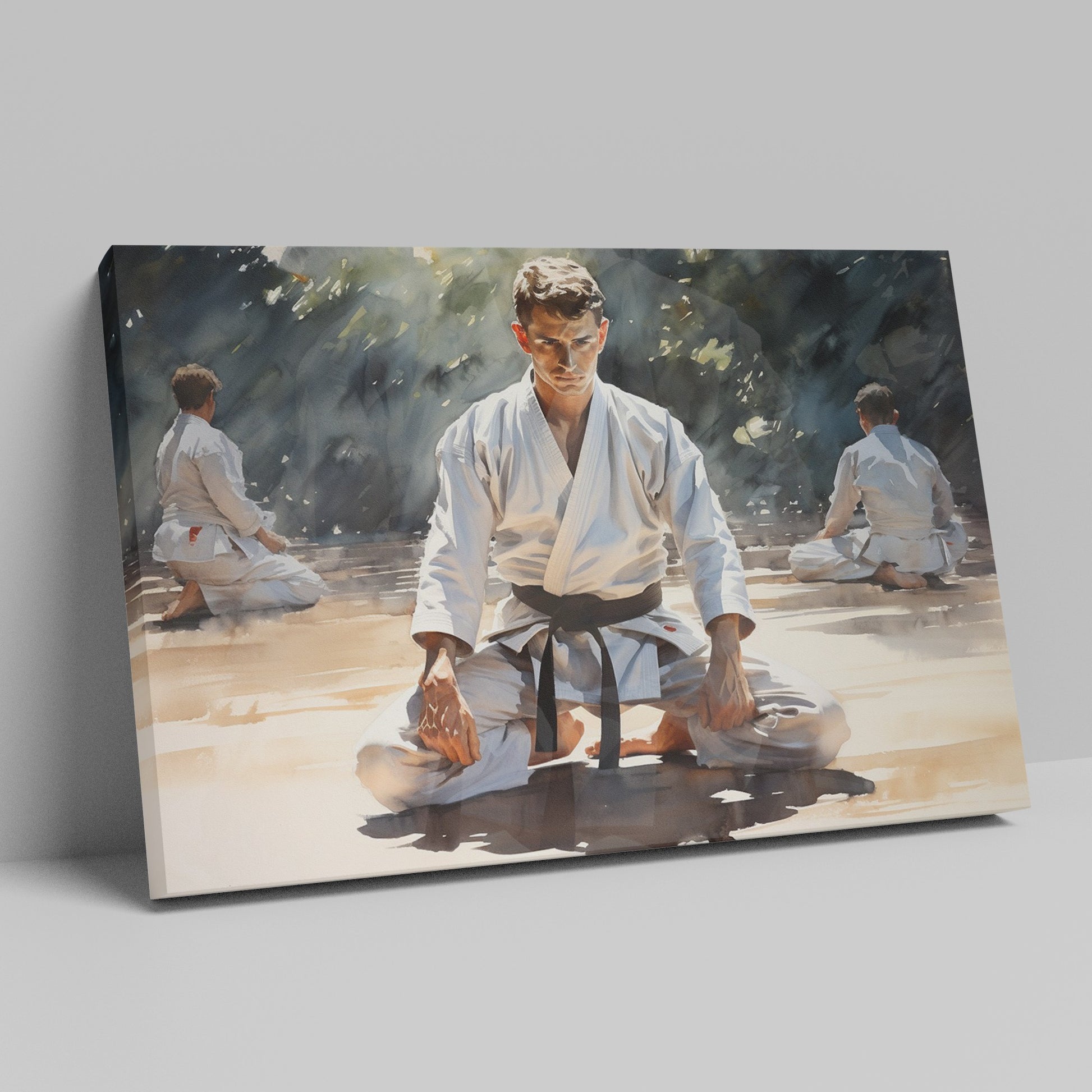 Framed canvas print of martial artists in meditation at a dojo