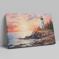 Framed canvas print of a watercolour lighthouse seascape at sunset with vibrant hues of pink, blue, and gold