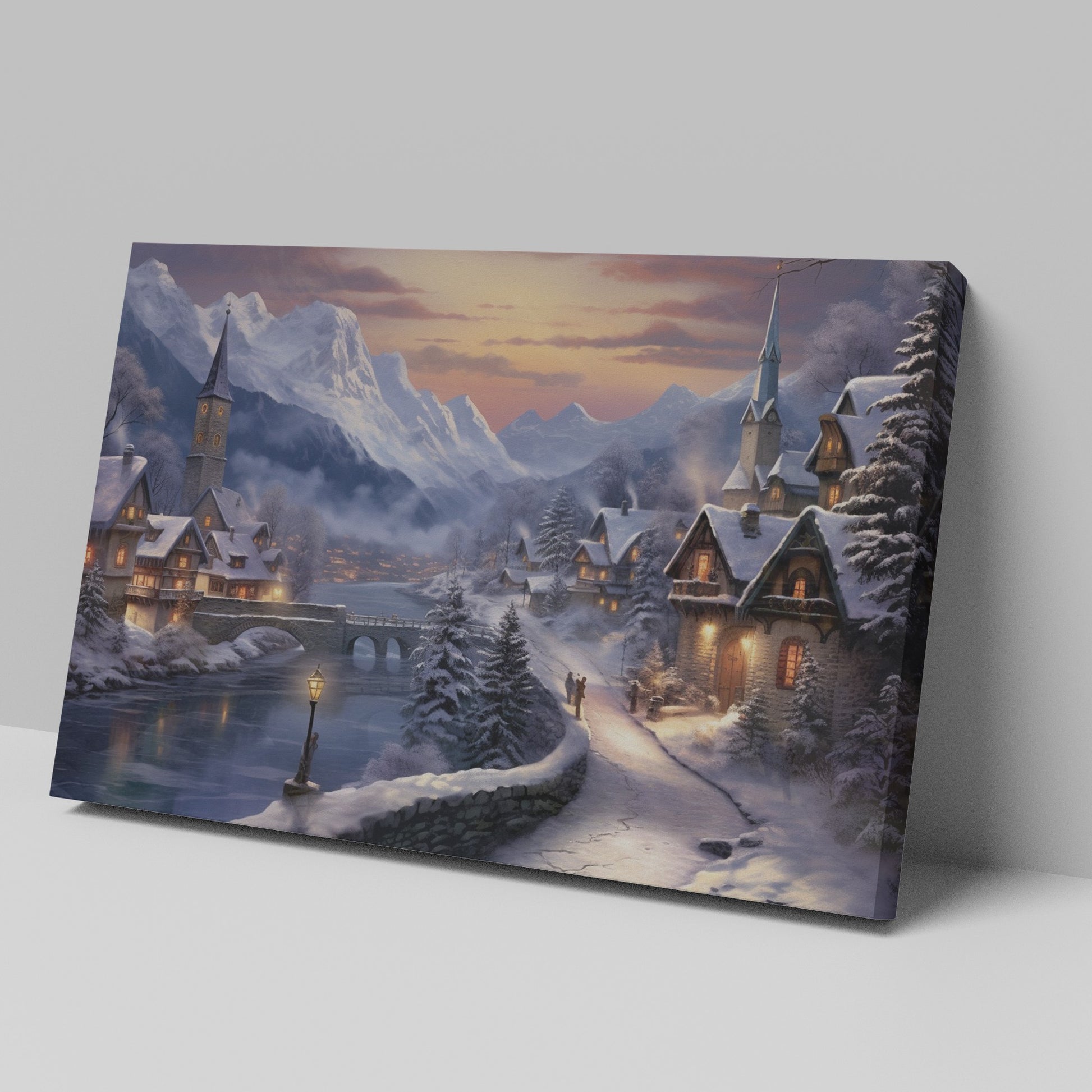 Framed canvas print of a snowy Alpine village at twilight with warm glowing cottages and snow-capped mountains