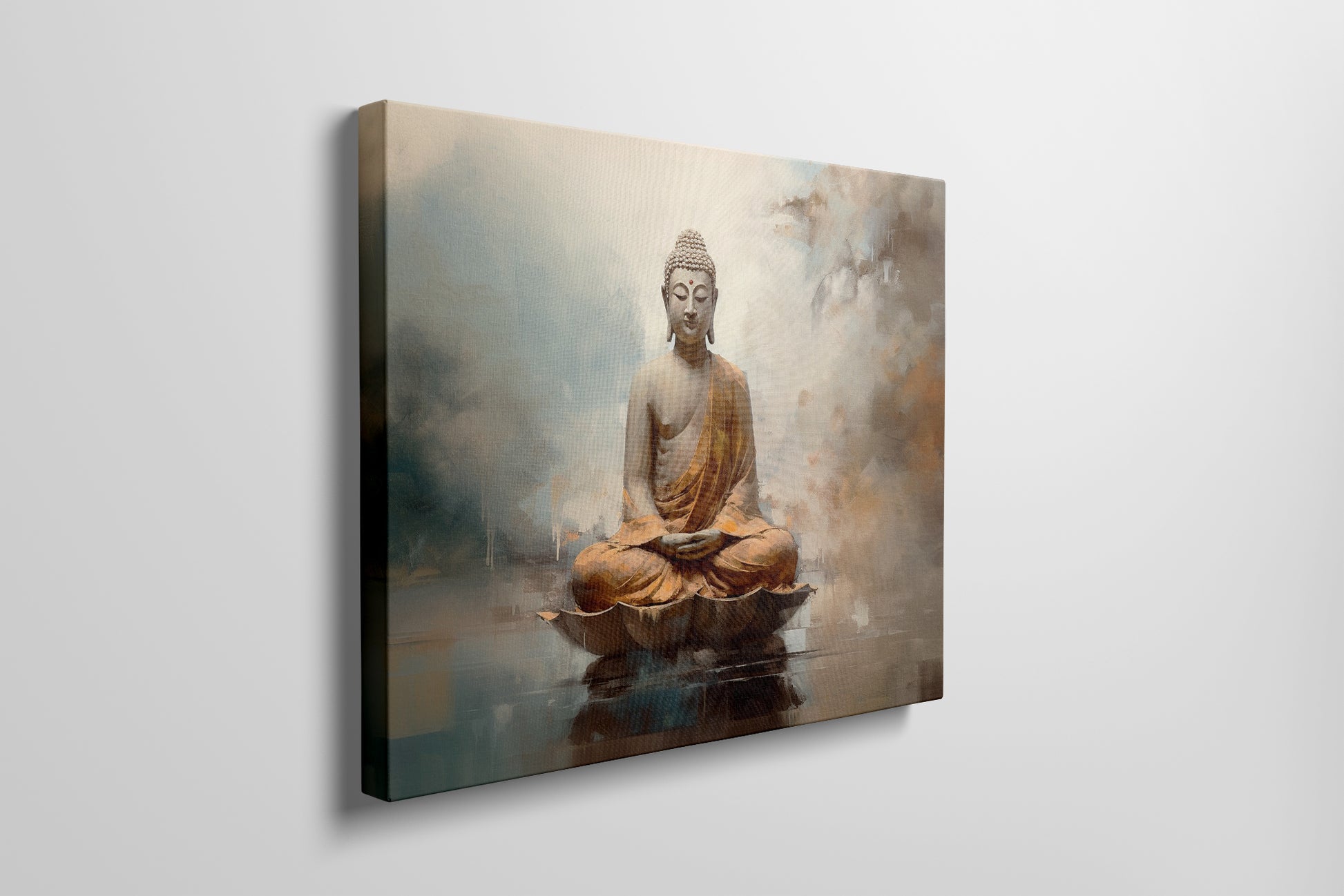 Framed canvas print of a serene Buddha in meditation with earthy tones