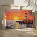 Framed canvas print of a vibrant impasto painting of a lighthouse at sunset with dynamic sea waves and a warm sky