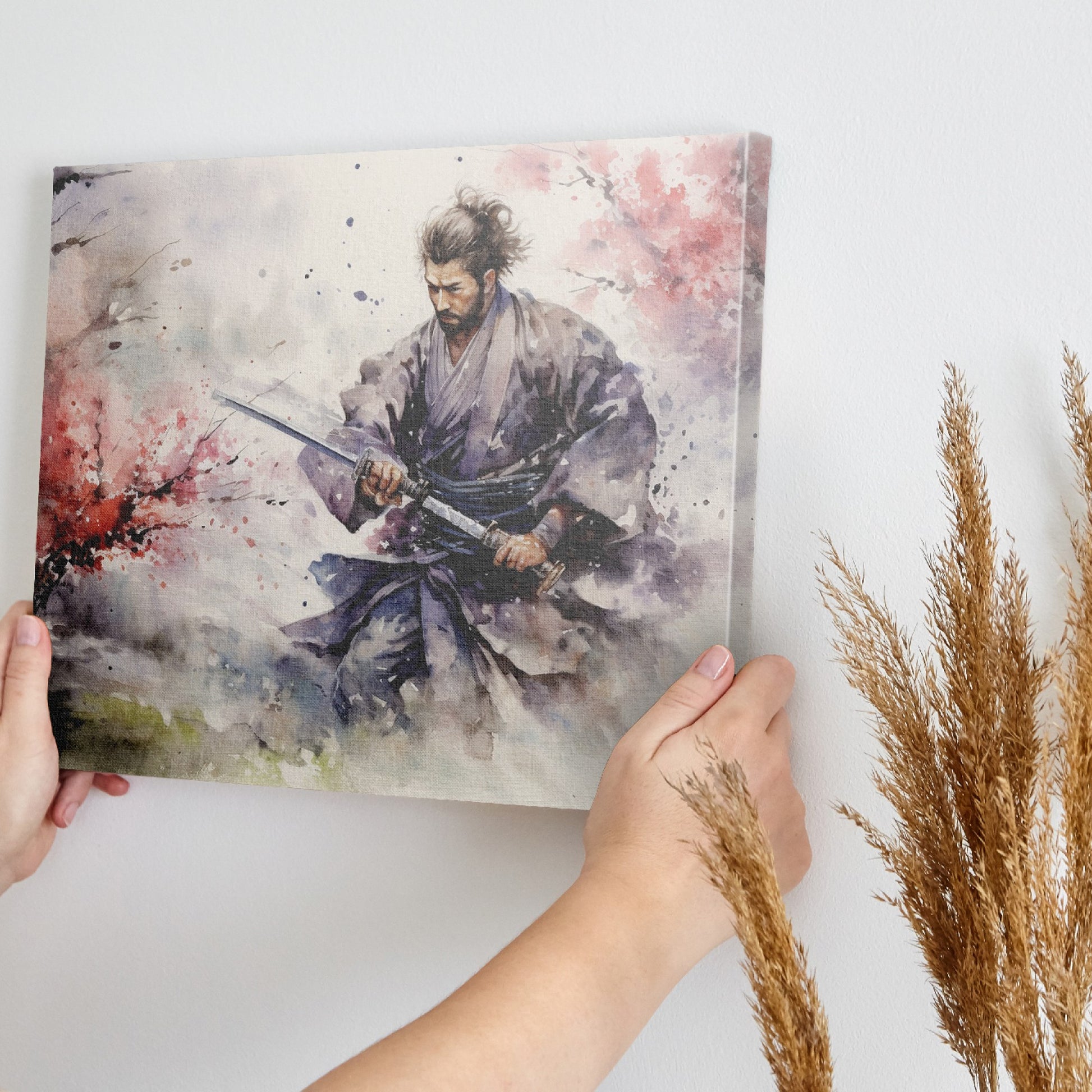 Framed canvas print of a samurai warrior in watercolour, with dynamic ink splatters in vivid hues.