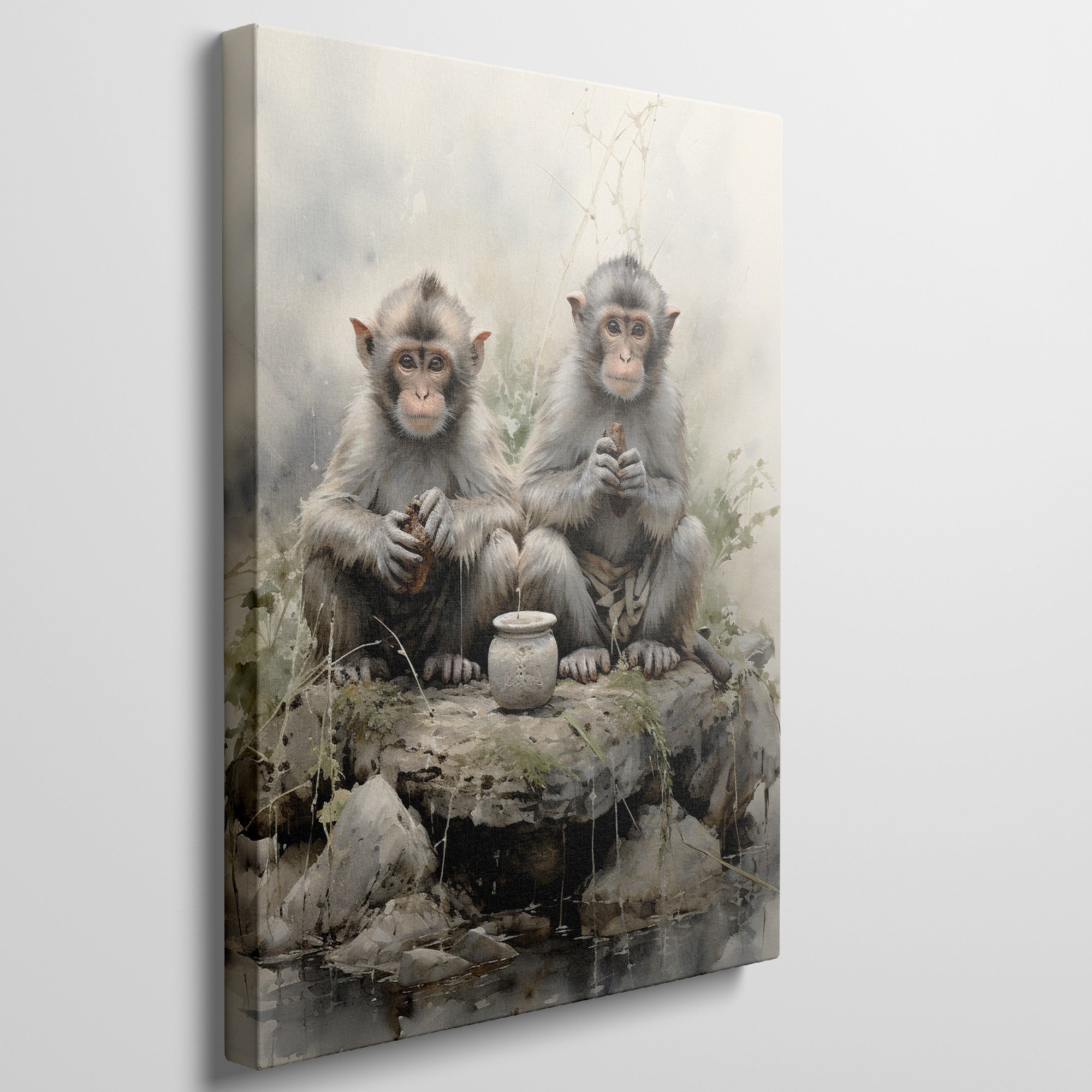 Framed canvas print of two realistic macaques with serene expressions sitting by a water pot