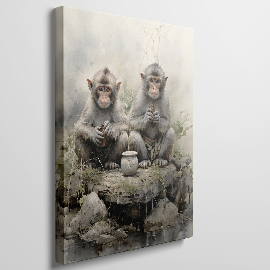 Framed canvas print of two realistic macaques with serene expressions sitting by a water pot