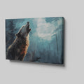 Framed canvas print of a majestic wolf howling in a mystical forest with striking blue and black tones