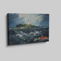 Framed canvas print of a stormy sea with a lighthouse on a cliff and a small boat navigating the waves