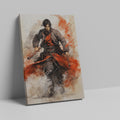 Framed canvas print of dynamic Samurai warrior in action with vibrant splashes of red and bold ink splatters