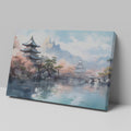 Framed canvas print of traditional Japanese pagoda and cherry blossoms with mountains in the background